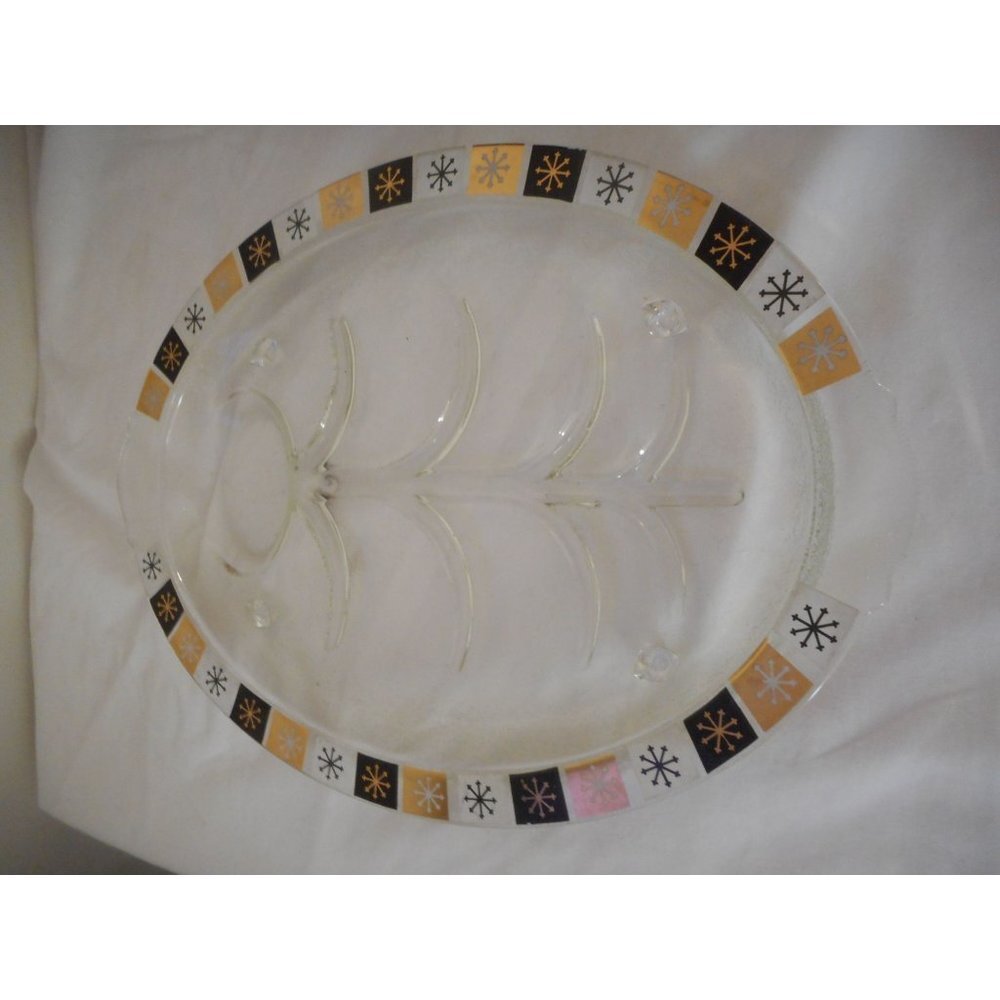 Vintage MCM Inland Glass Meat Platter Tray Atomic Tree of Life Starburst Gold
